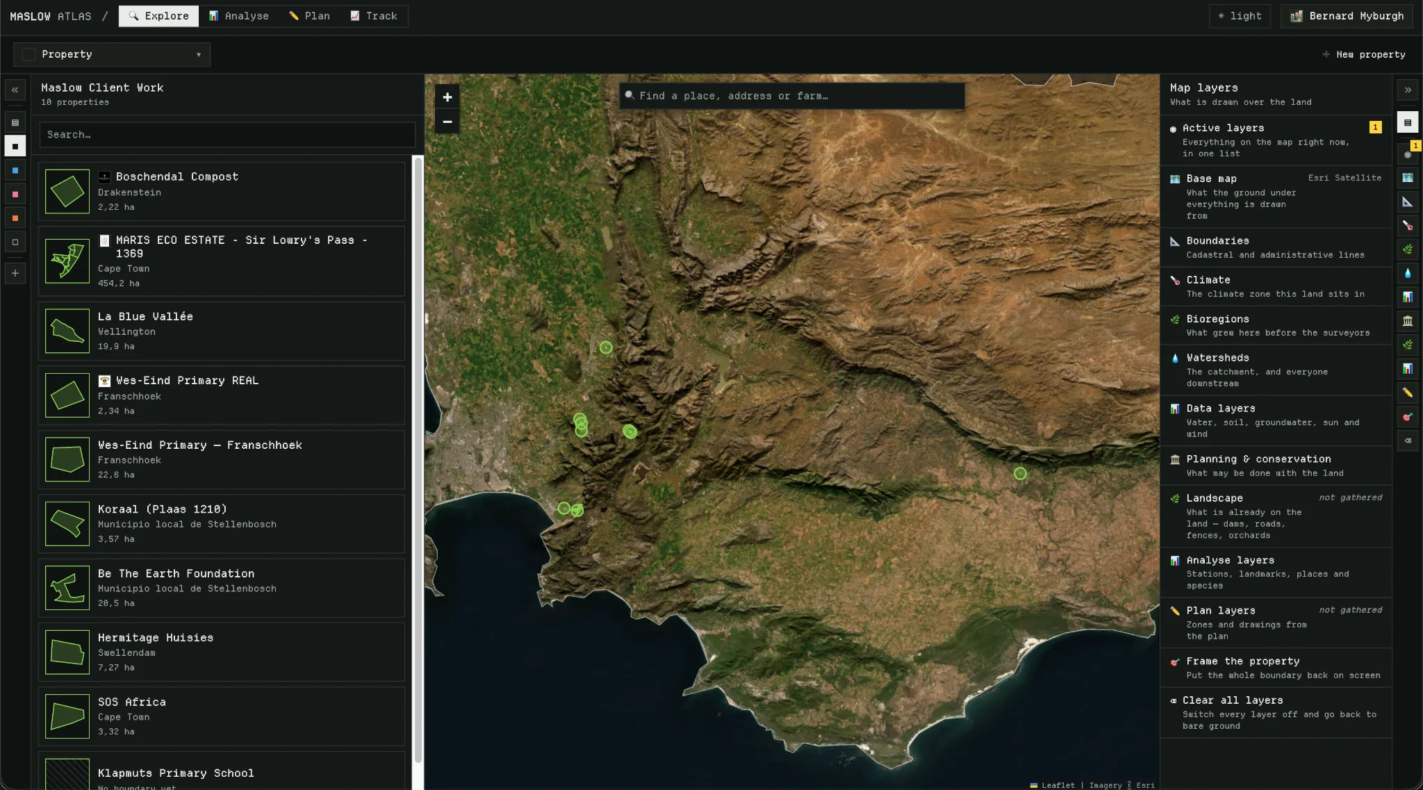 Maslow Atlas Explore screen showing properties across the Western Cape