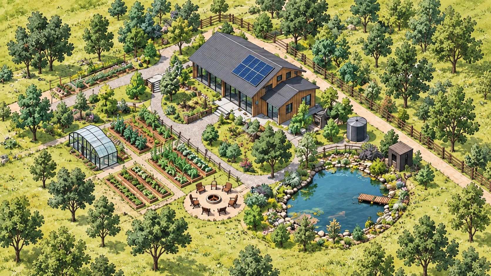Illustrated example of a property where water, food production, shelter and energy work together
